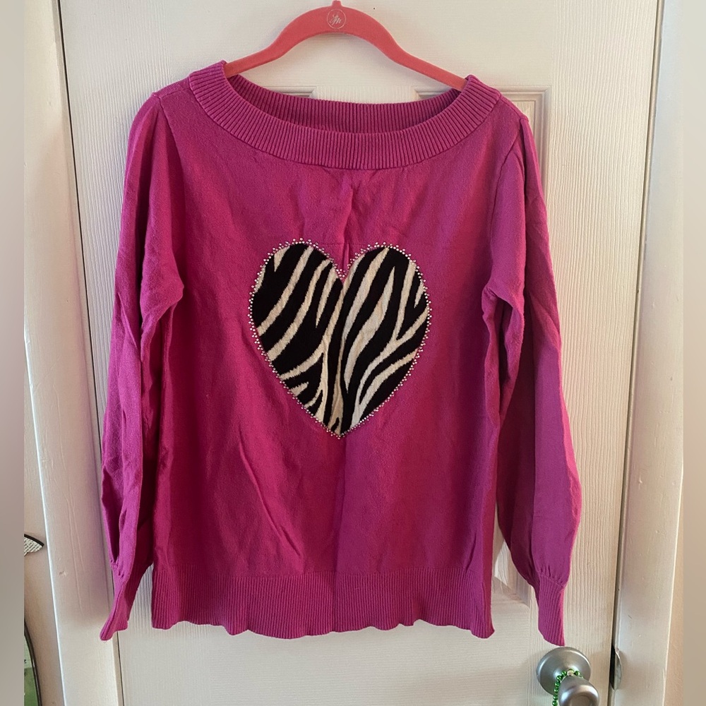 Diane Gilman Women’s Pink Heart Zebra Sweater